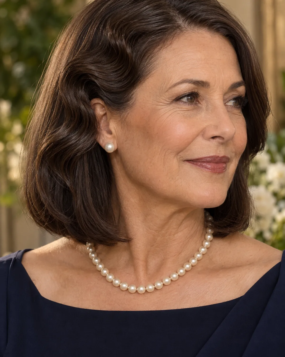 Three-quarter view of mature woman with cool dark-brown shoulder-length bob featuring soft waves near the face, pearl necklace, midnight-blue top