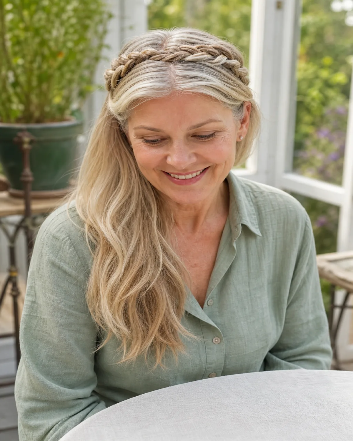 A woman with warm white and ash-blonde hair seated in a sunlit conservatory, a three-strand braid wrapping across the crown from temple to temple while the rest of her hair falls forward past her collarbone in loose natural texture, wearing a sage linen shirt