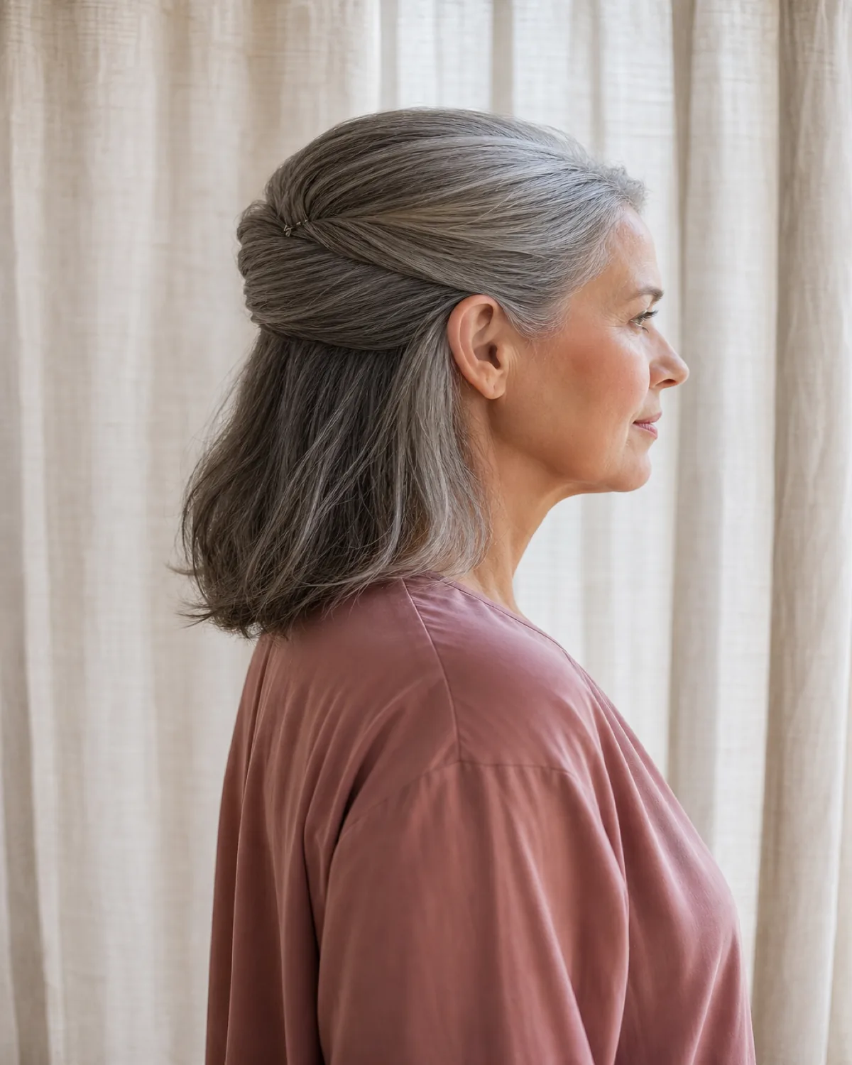 A side profile of a woman with warm grey hair in a half-up twist at the crown, the horizontal roll sitting as a solid shape with the lower half falling to her collarbone, against cream linen curtains
