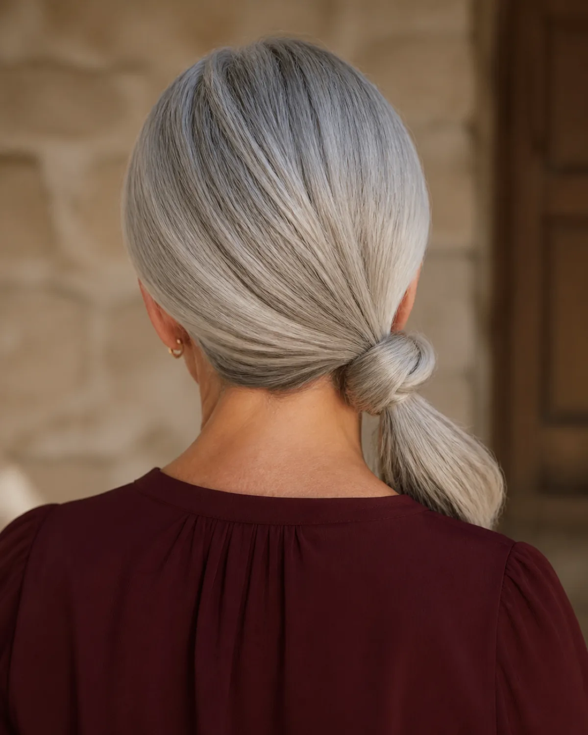 Top-down view of a woman with silver hair, all hair gathered to the right side of the neck into a small knot below the ear, burgundy blouse visible, head tilted forward