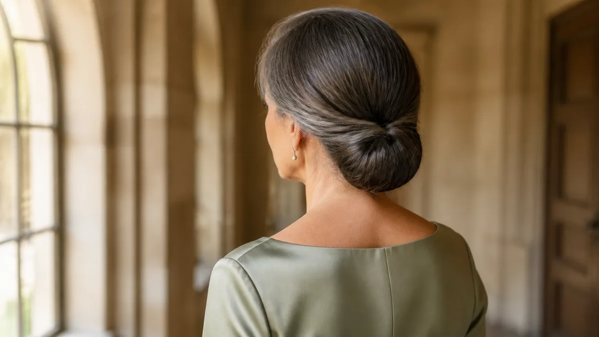 A woman with silver-streaked dark hair in a polished chignon at the nape, photographed from behind in a sage-green silk dress in a warm stone corridor