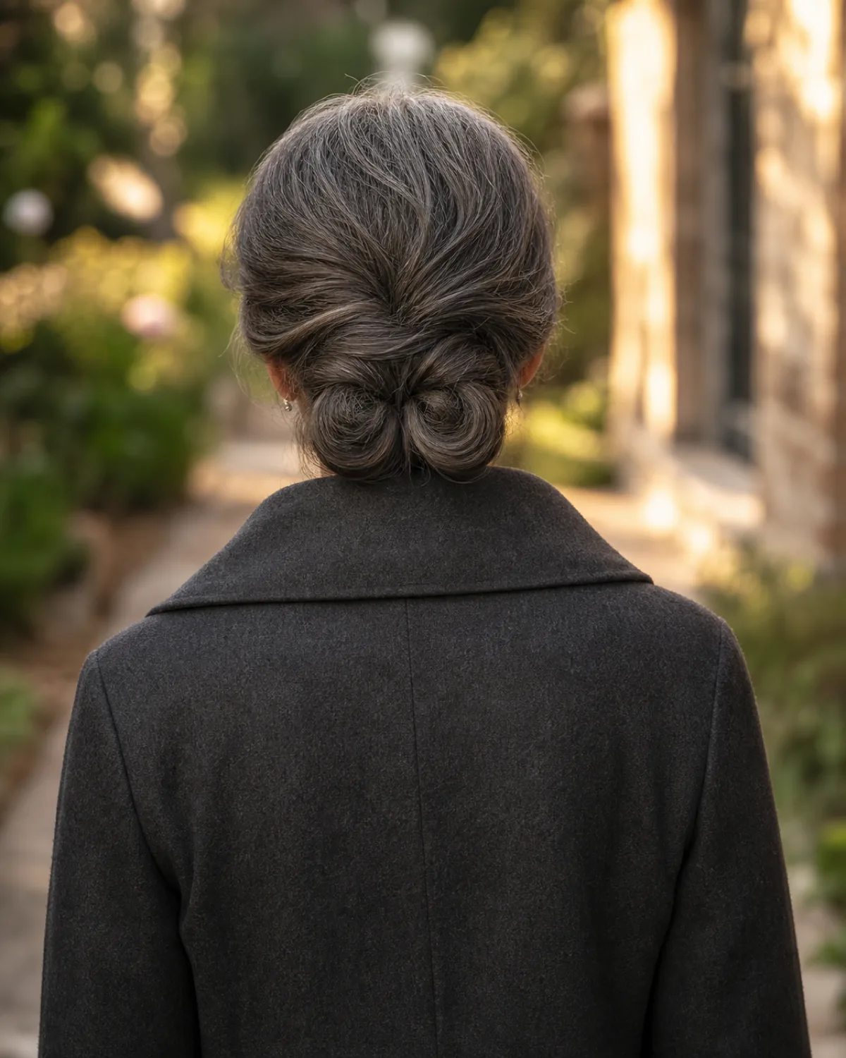 Back view of a woman with thick dark-grey hair in a figure-eight bun at the nape, two coils crossed and pinned forming a visible double loop, wearing a charcoal wool coat walking down a garden path