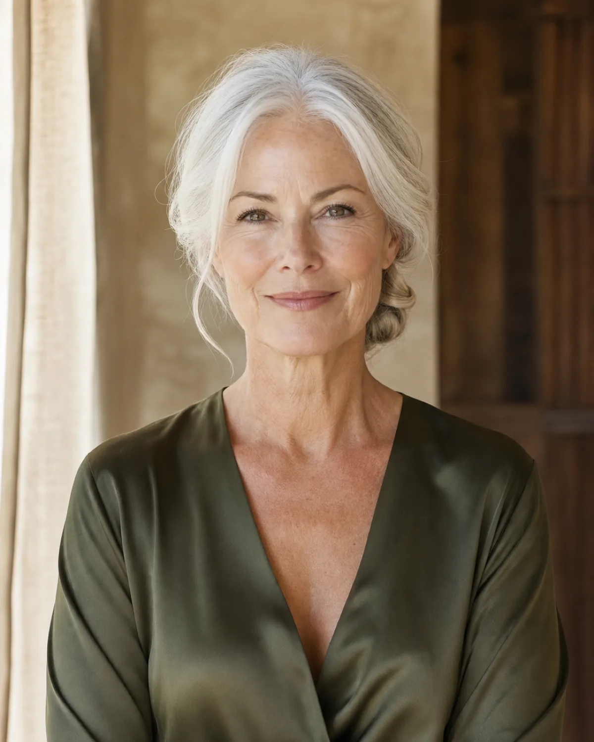 Front-facing view of a woman with silver-white hair in a knotted nape chignon, the knot partially visible at the sides where hair gathers back, wearing an olive-green silk V-neck blouse