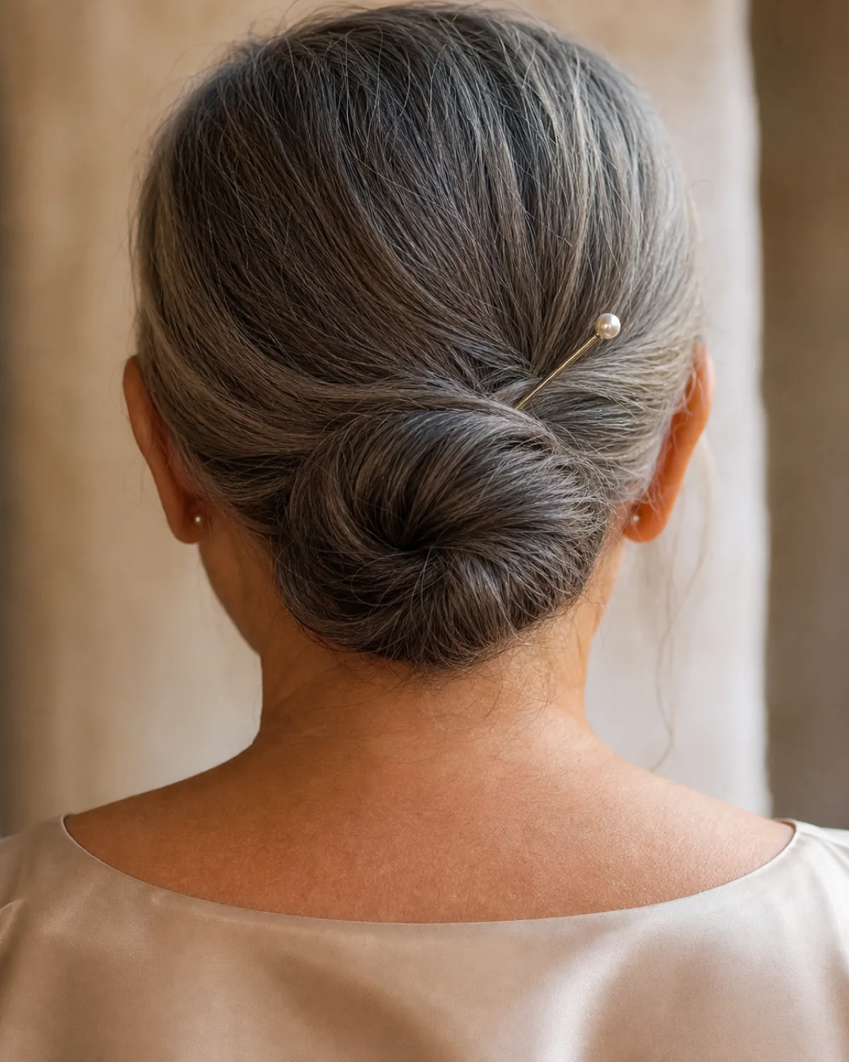 Close crop of the back of a woman's head showing a compact low bun at the nape with a single unbranded metal hair pin with a pearl at the end inserted at an angle, warm grey hair