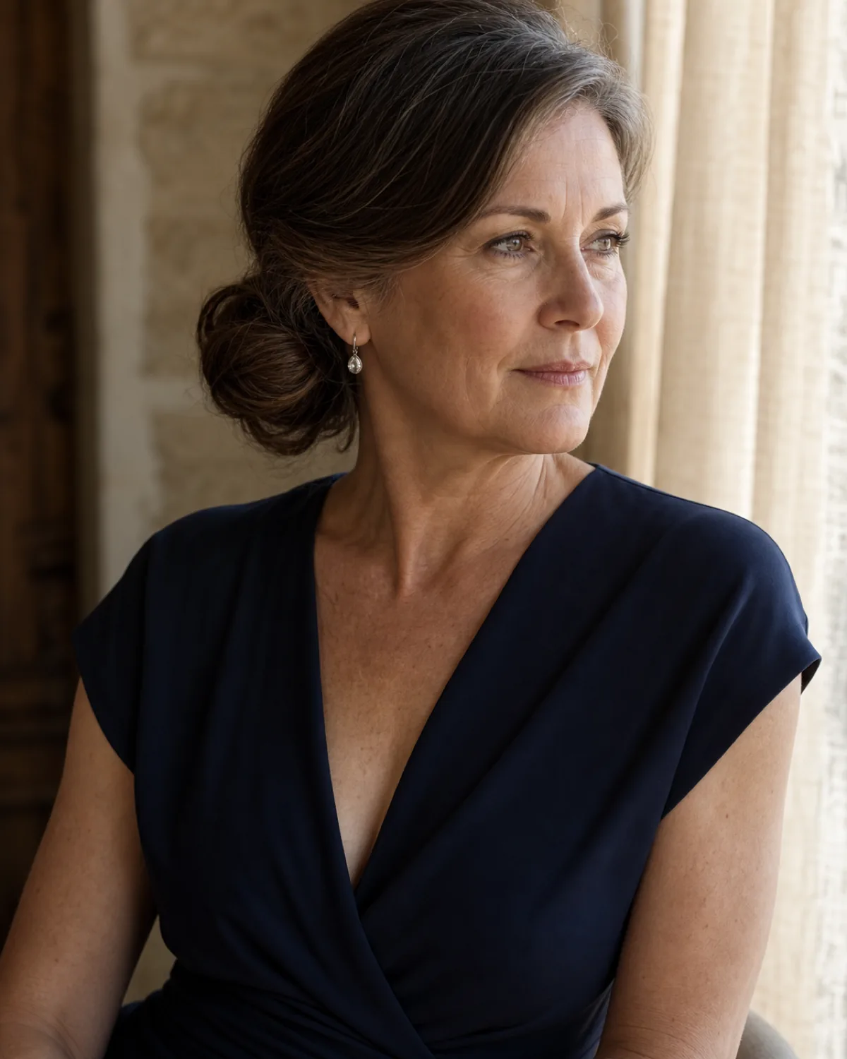 Three-quarter view of a woman with grey-streaked brown hair in a side-swept low bun behind one ear, soft and slightly loose, wearing a navy crepe V-neck dress with window light from the right