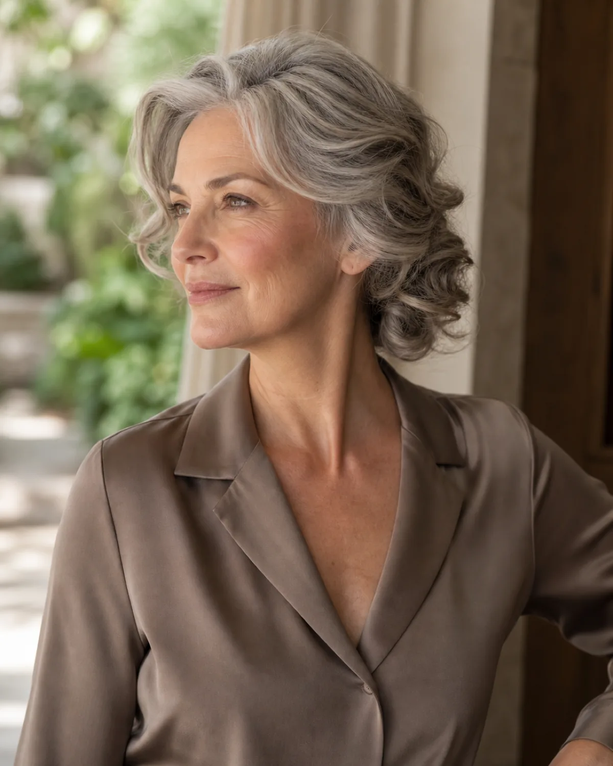 Three-quarter view of a woman with silver-grey wavy hair, soft curls gathered and pinned at the nape in an organic cluster, wearing a taupe silk blouse with a notched collar, garden greenery in background