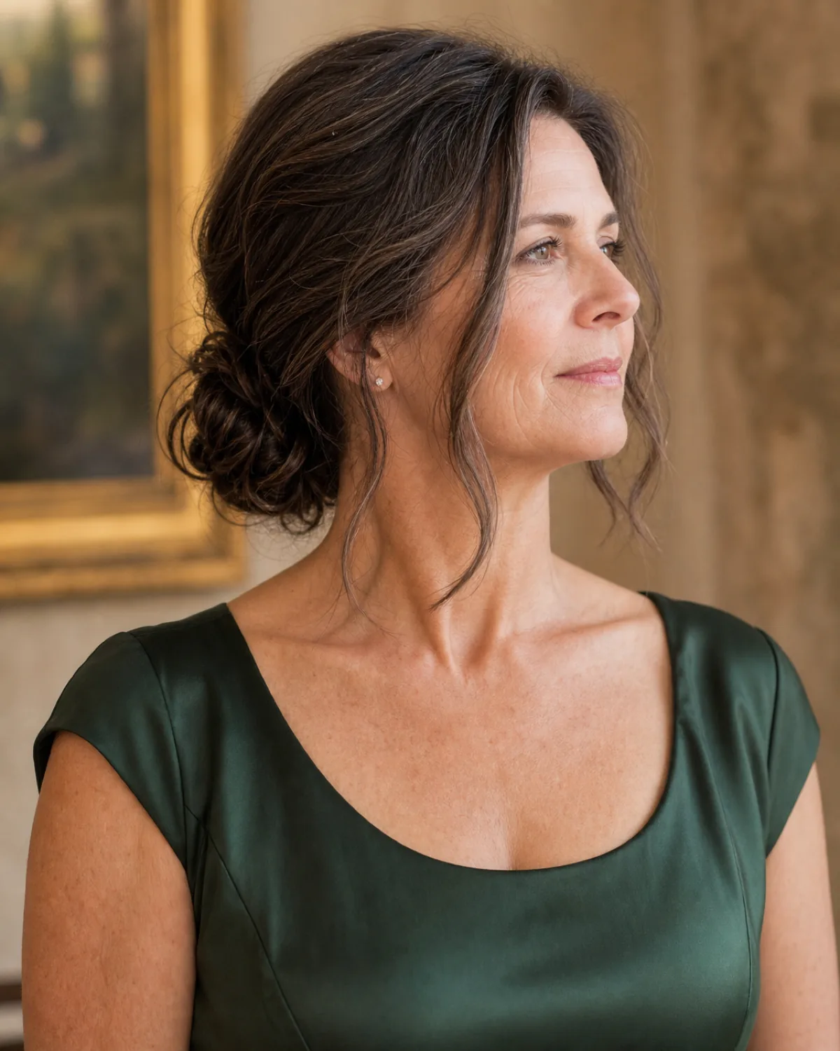 Three-quarter view of a woman with dark-brown silver-threaded hair in a textured low updo at the nape, two chin-length face-framing tendrils falling naturally, wearing a forest-green silk scoop-neck dress