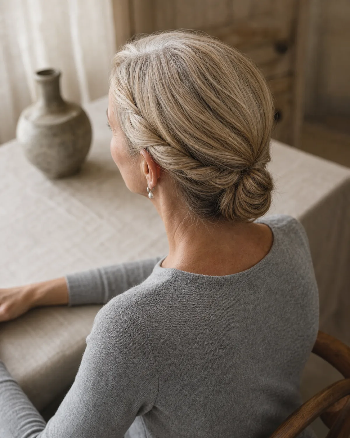 A woman with sandy-blonde greying hair seated and photographed from slightly above, two twists from the temples meeting at a small knot at the nape, wearing a grey knit dress