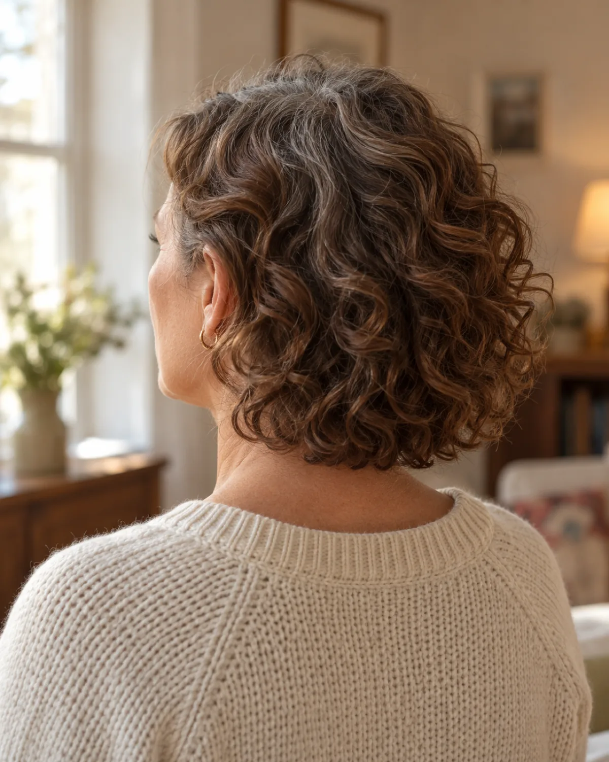 Back-three-quarter view of mature woman with curly hair at jaw-to-shoulder transitional length, nape slightly heavy