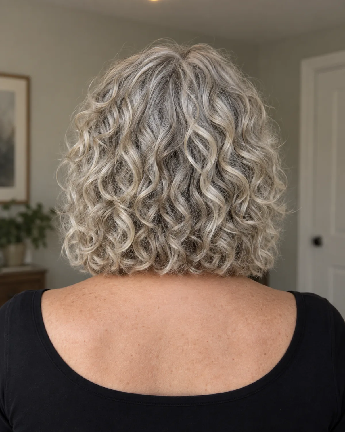 Back view of mature woman with blunt-cut curly lob at collarbone length, hemline clean and even
