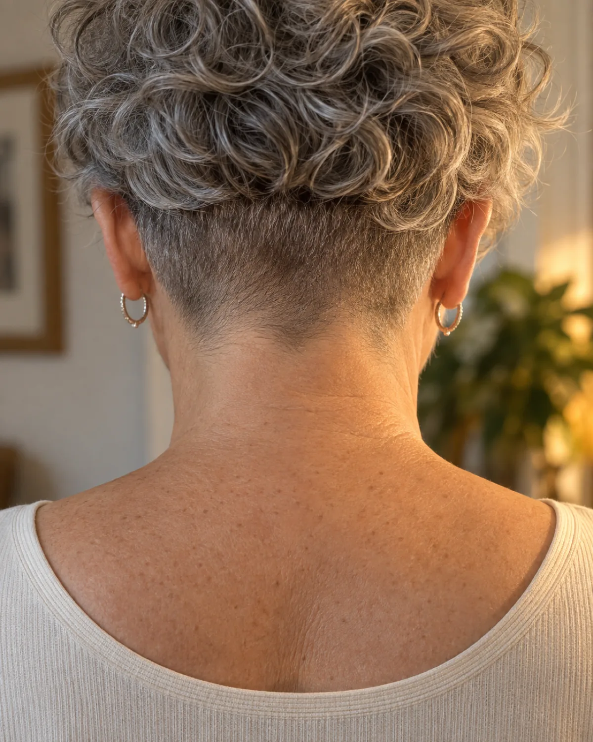 Close crop on nape showing buzzed undercut below the occipital bone with natural curls above