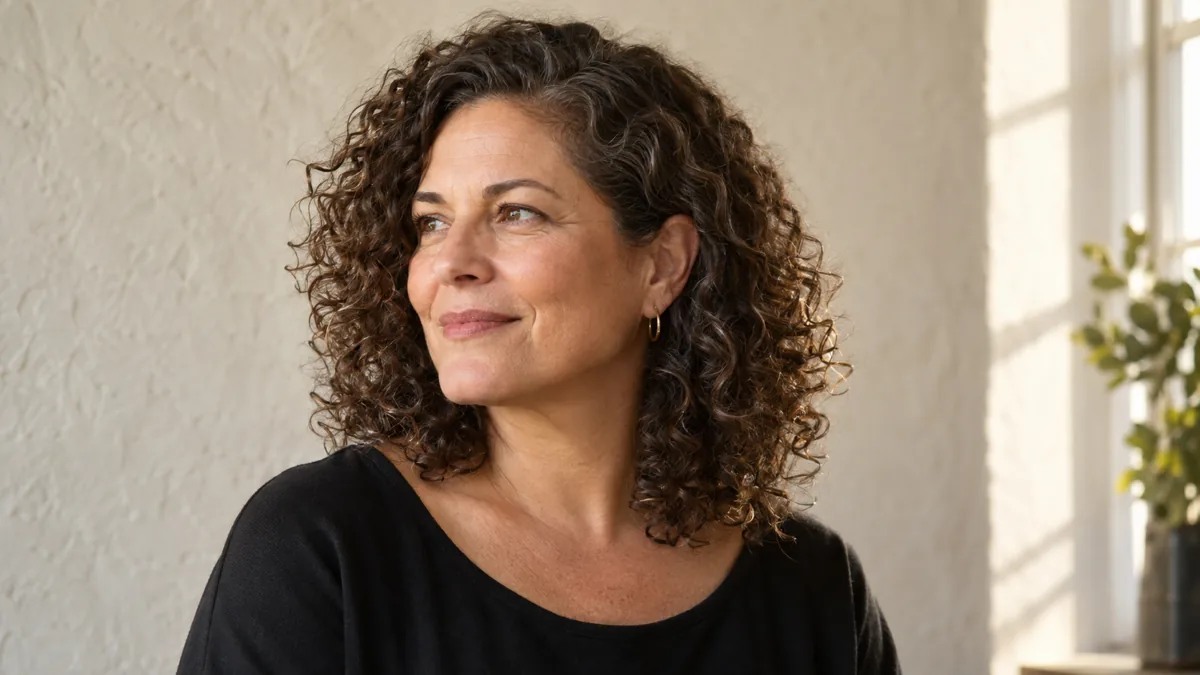 Mature woman with shoulder-length natural curls in three-quarter profile, warm afternoon light catching the curl pattern