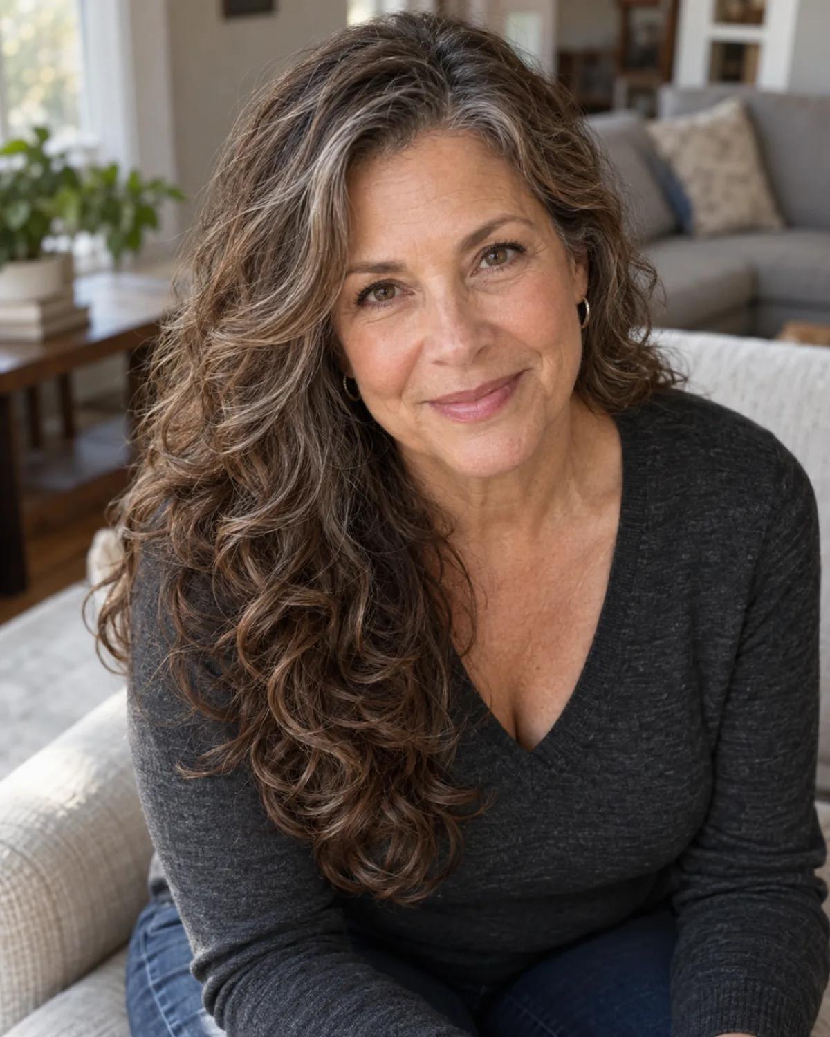 Mature woman seated, shot from slightly above, long layered curls falling forward over one shoulder