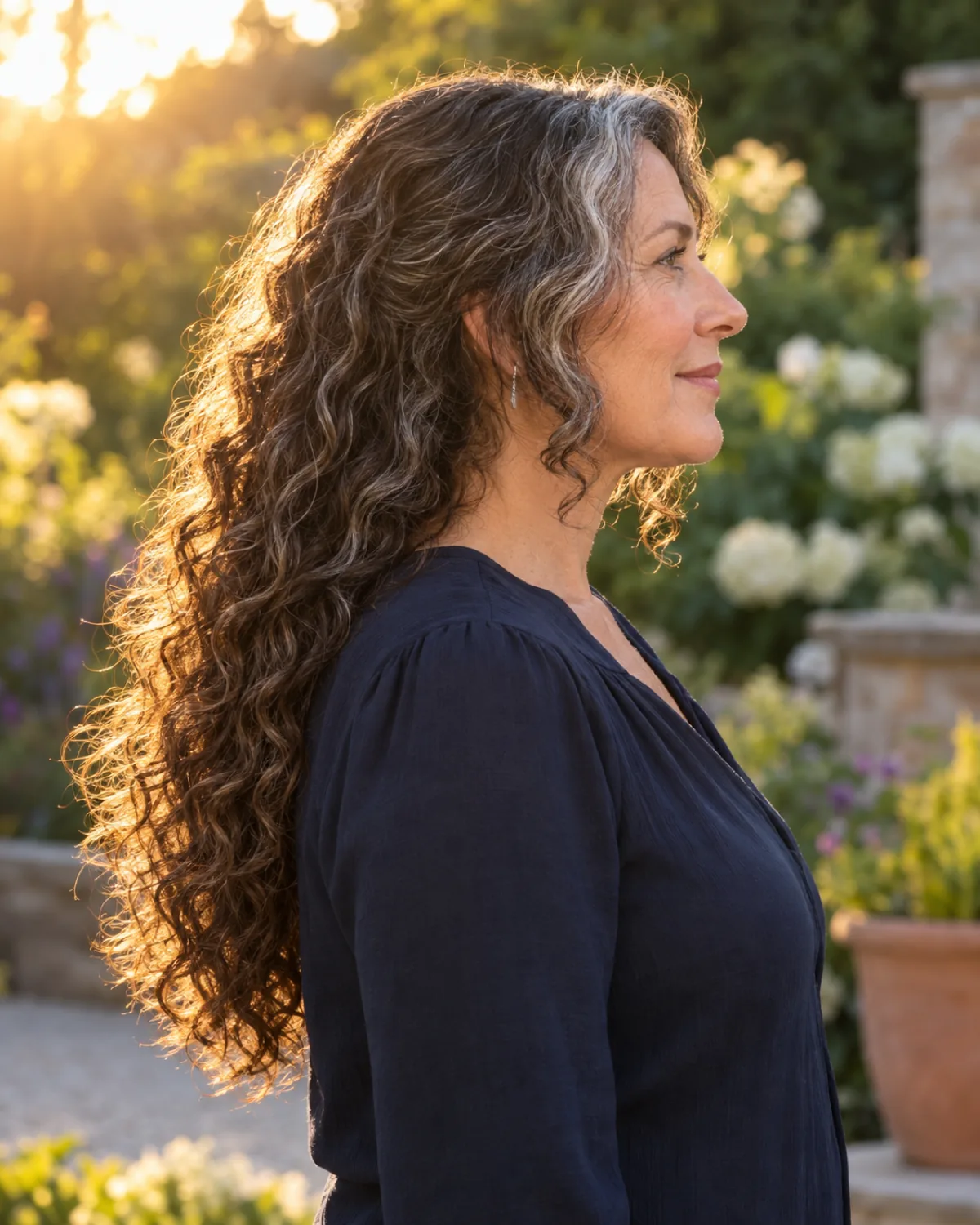 Side profile of mature woman with long curly hair at mid-back, face-framing layers visible at the chin