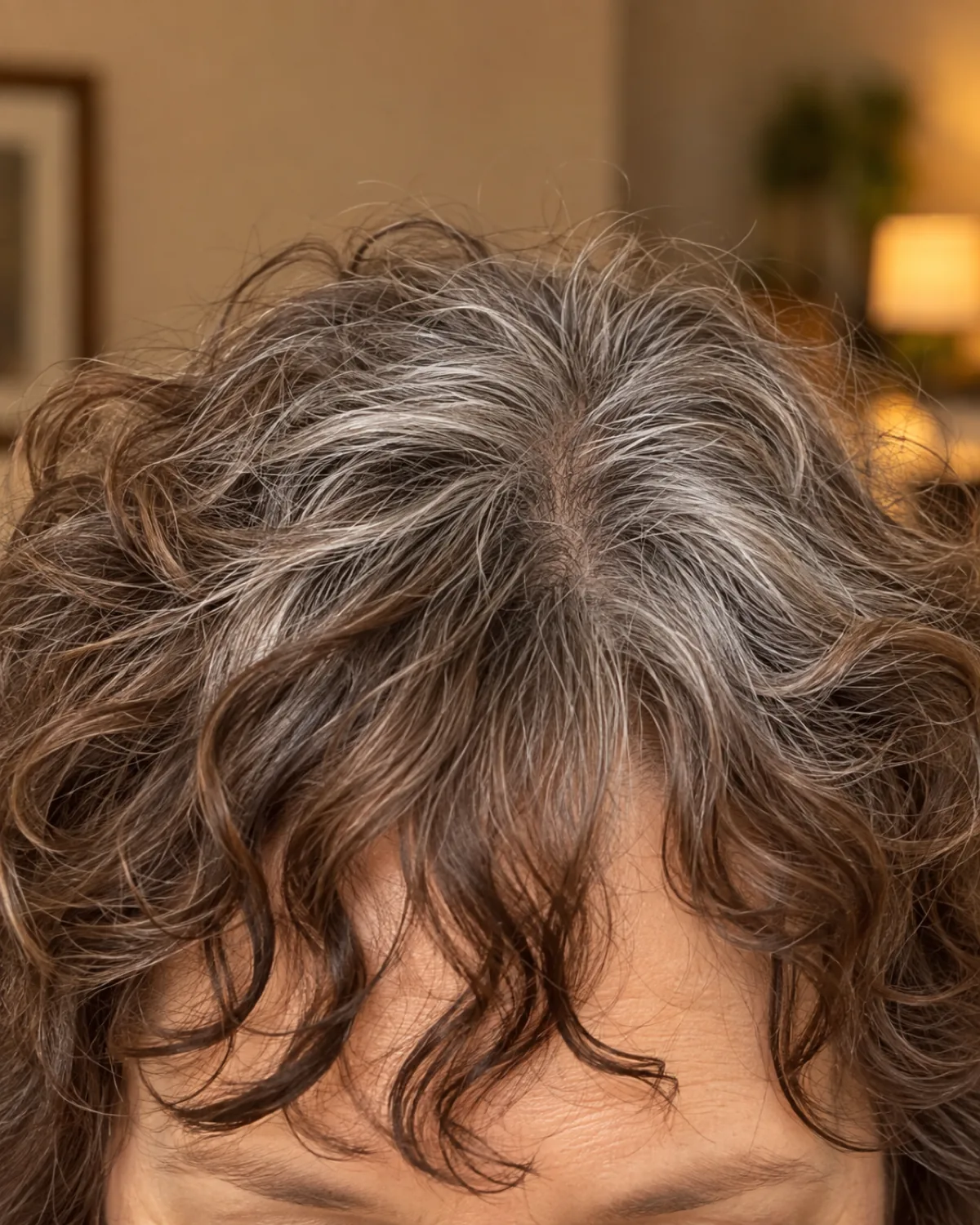 Close crop on fringe and brow line showing curly shag with silver roots transitioning into brunette ends