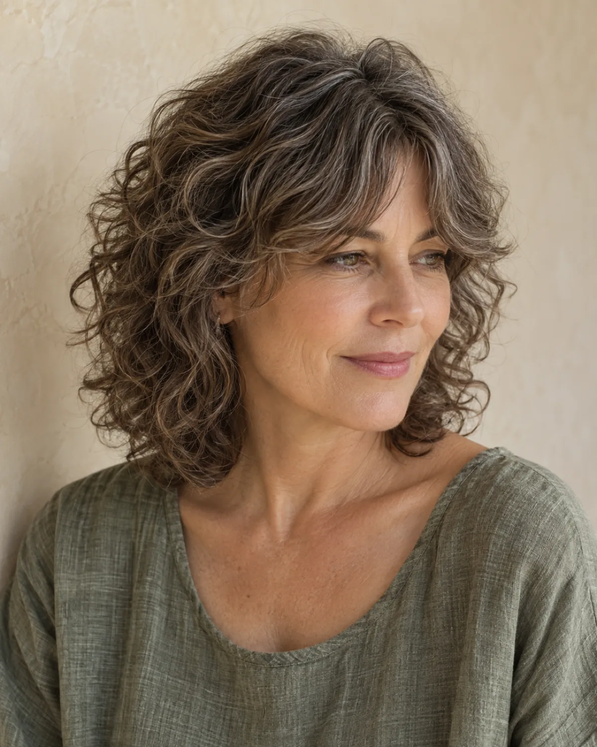 Three-quarter view of mature woman with shoulder-length curly shag and curtain bangs, disconnected layers visible from cheekbone down