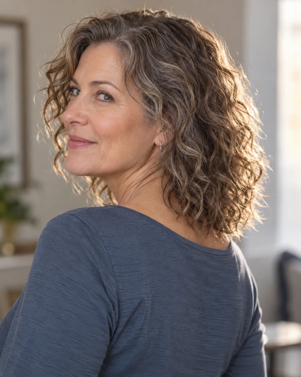 Back-angled view of mature woman with shoulder-length curls showing point-cut tapered ends feathering into wispy strands