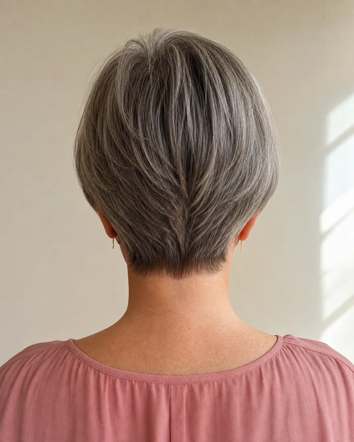 The back of a woman's head showing a grey bob with soft graduation, shorter layers stacking at the nape and building a gently rounded shape, dusty rose blouse, cream wall