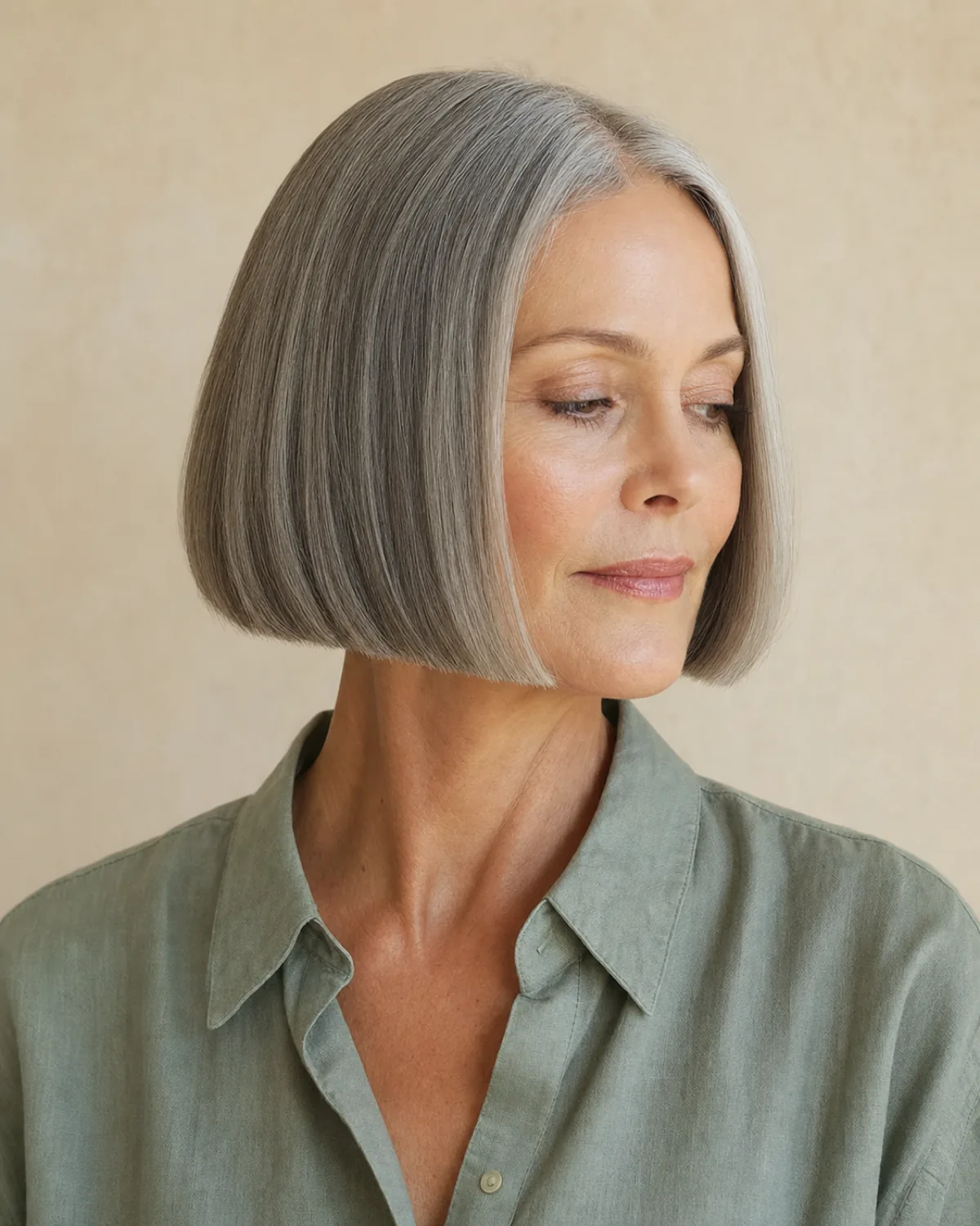 A woman with a blunt chin-length bob in ash-silver grey turned three-quarters to the right with chin slightly down, the perimeter line clean and unbroken, wearing a sage green linen shirt against an oatmeal wall