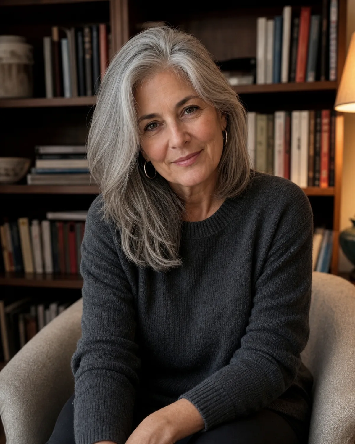 A seated woman with natural grey shoulder-length layered hair falling forward over one shoulder, layers creating visible shadows and movement, wearing a charcoal knit with a wooden bookshelf in soft focus behind