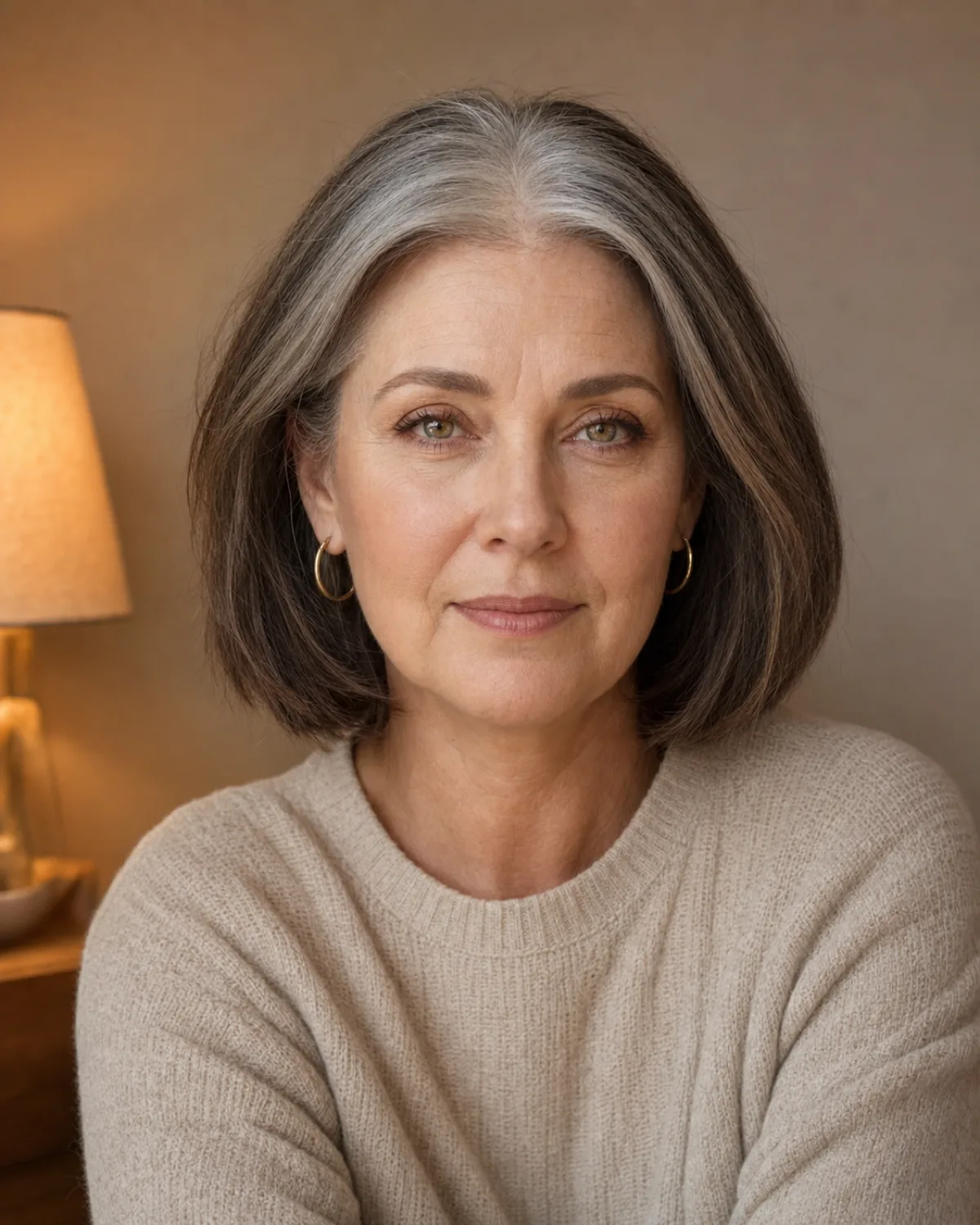 A front-facing portrait of a woman with chin-length hair showing grey roots growing into darker mid-lengths, soft focus on features with hair in sharp focus, wearing an oatmeal knit under warm lamp light