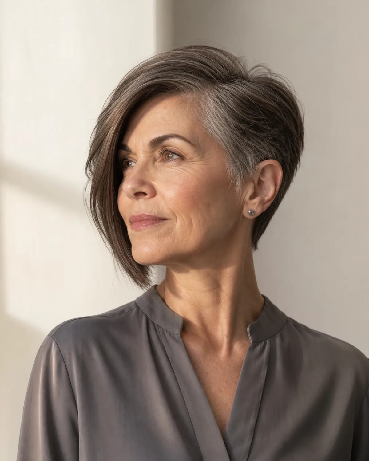 A woman in her late 50s with fine dark-brown hair streaked with silver in an asymmetric pixie, turned three-quarters to the left showing the longer side sweeping past the ear to the jaw while the right side is cropped short, warm side light against a soft white wall