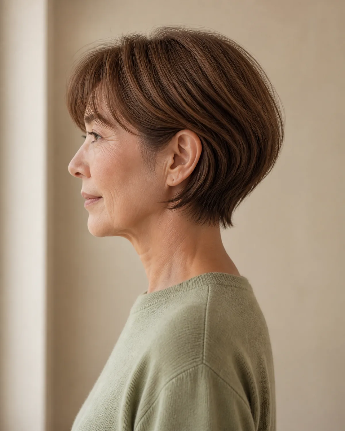 Full profile of a woman in her early 60s with fine warm-brown hair in a pixie bob, the ear-to-jaw length clearly visible with internal layers lifting slightly at the back, soft daylight against a warm beige wall