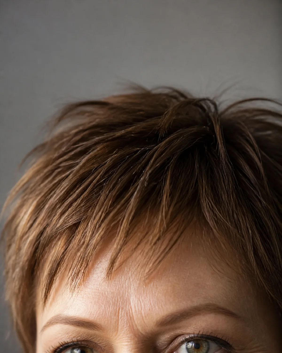 Tight close crop on the fringe area of a woman in her early 60s with fine warm-brown hair showing a jagged point-cut fringe edge with uneven lengths creating a deliberately broken line, directional side light against a soft grey wall