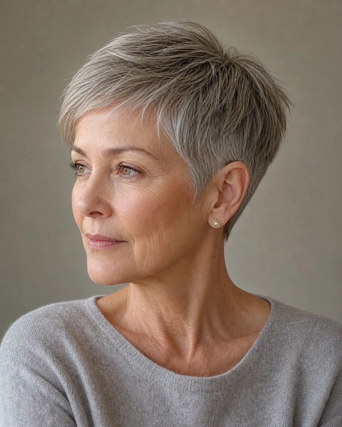 A woman in her early 60s with fine warm-grey hair in a classic tapered pixie, turned three-quarters to the left showing the graduation from a longer crown to shorter tapered sides and nape, soft overcast light against a greige wall