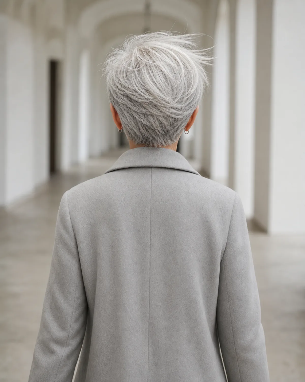 A woman in her early 60s with fully natural silver-white hair in a textured pixie, walking away from camera with hair in slight natural motion showing silver strands catching the light, cool overcast light in a soft white hallway