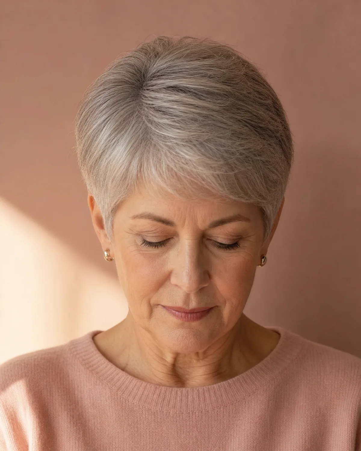 A woman in her early 60s with fine warm-grey hair in a soft rounded pixie, facing the camera with eyes downcast showing the smooth rounded silhouette hugging the skull, warm golden light against a blush-toned wall