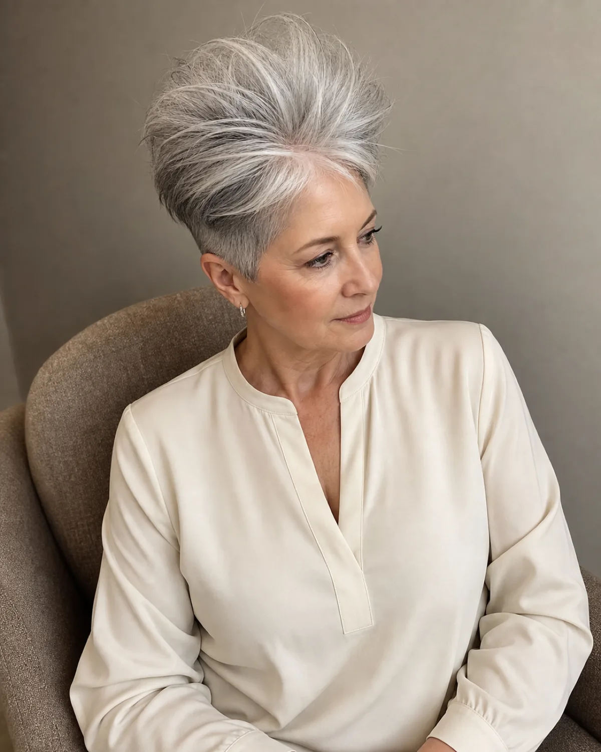 A woman in her early 60s with fine cool-grey hair in a volumized crown pixie, seated and shot from slightly above showing dramatic height and lift at the crown with tapered sides, overcast daylight against a greige wall