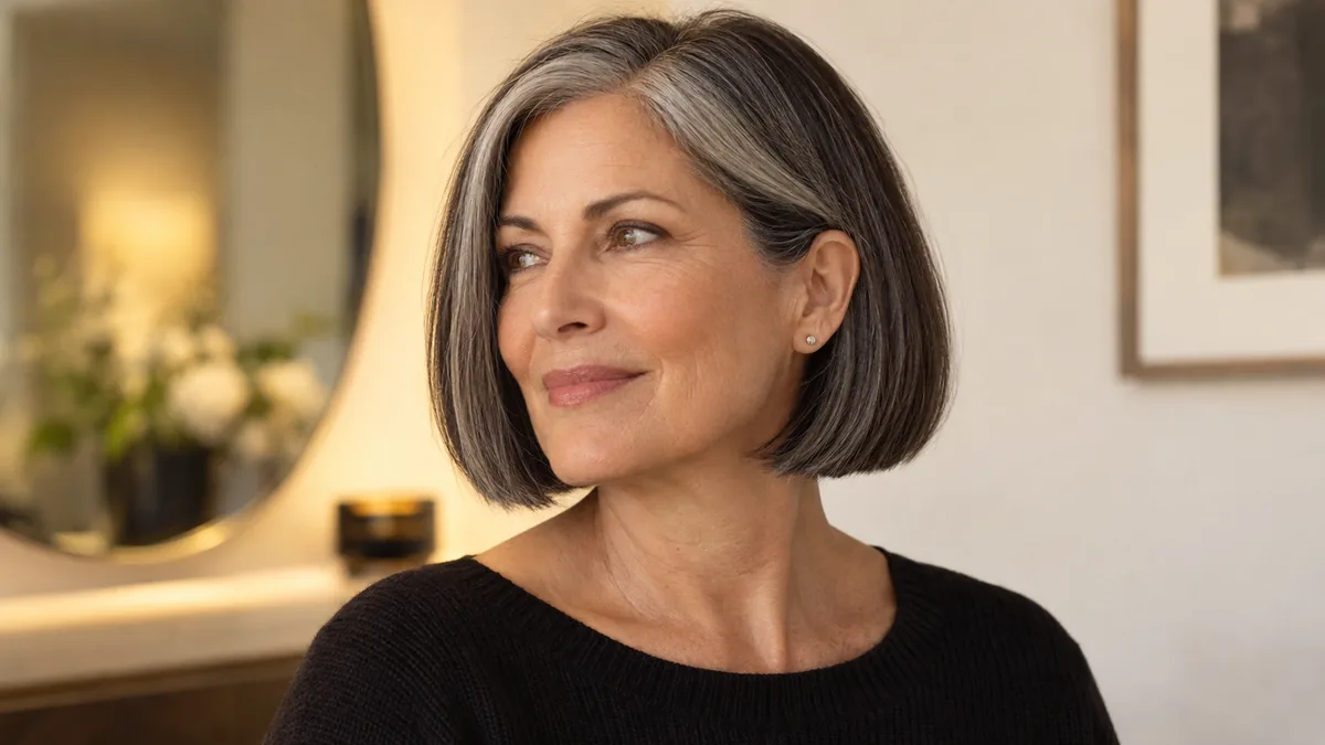 Mature woman with a silver-streaked chin-length bob in three-quarter profile, warm salon lighting