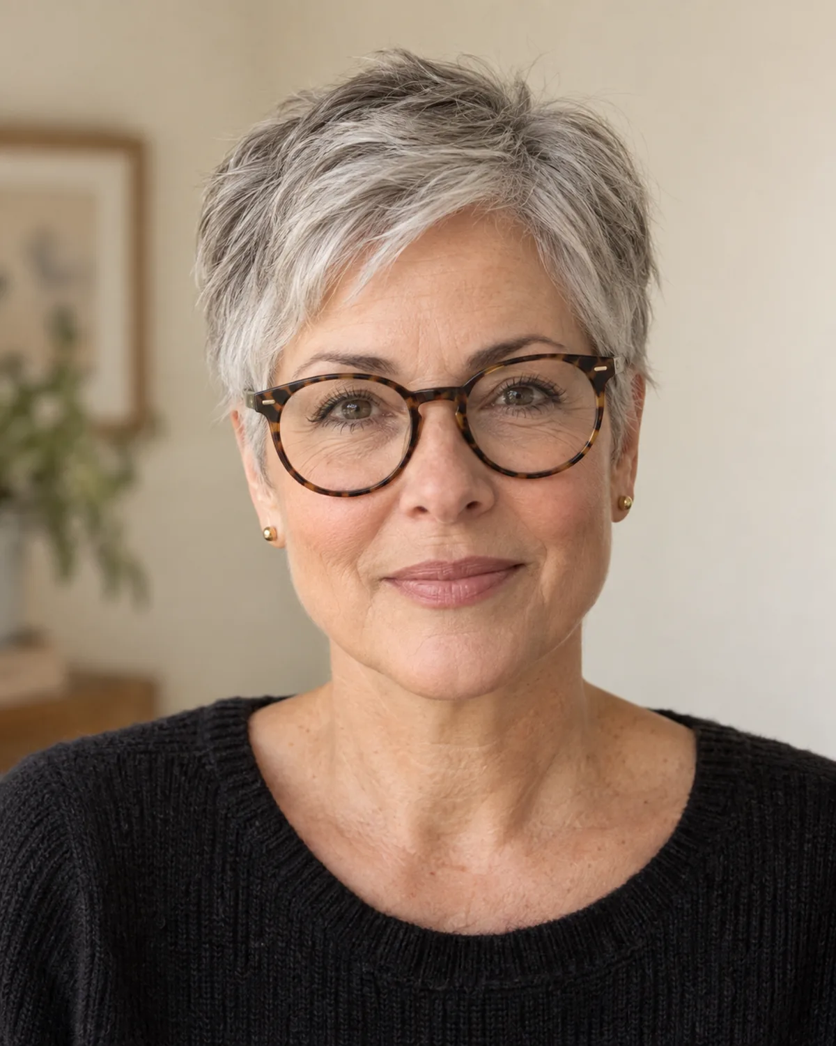 Mature woman with a textured silver pixie cut wearing round tortoiseshell glasses and small gold stud earrings, front-facing, hair in sharp focus framing the temples above the earpiece