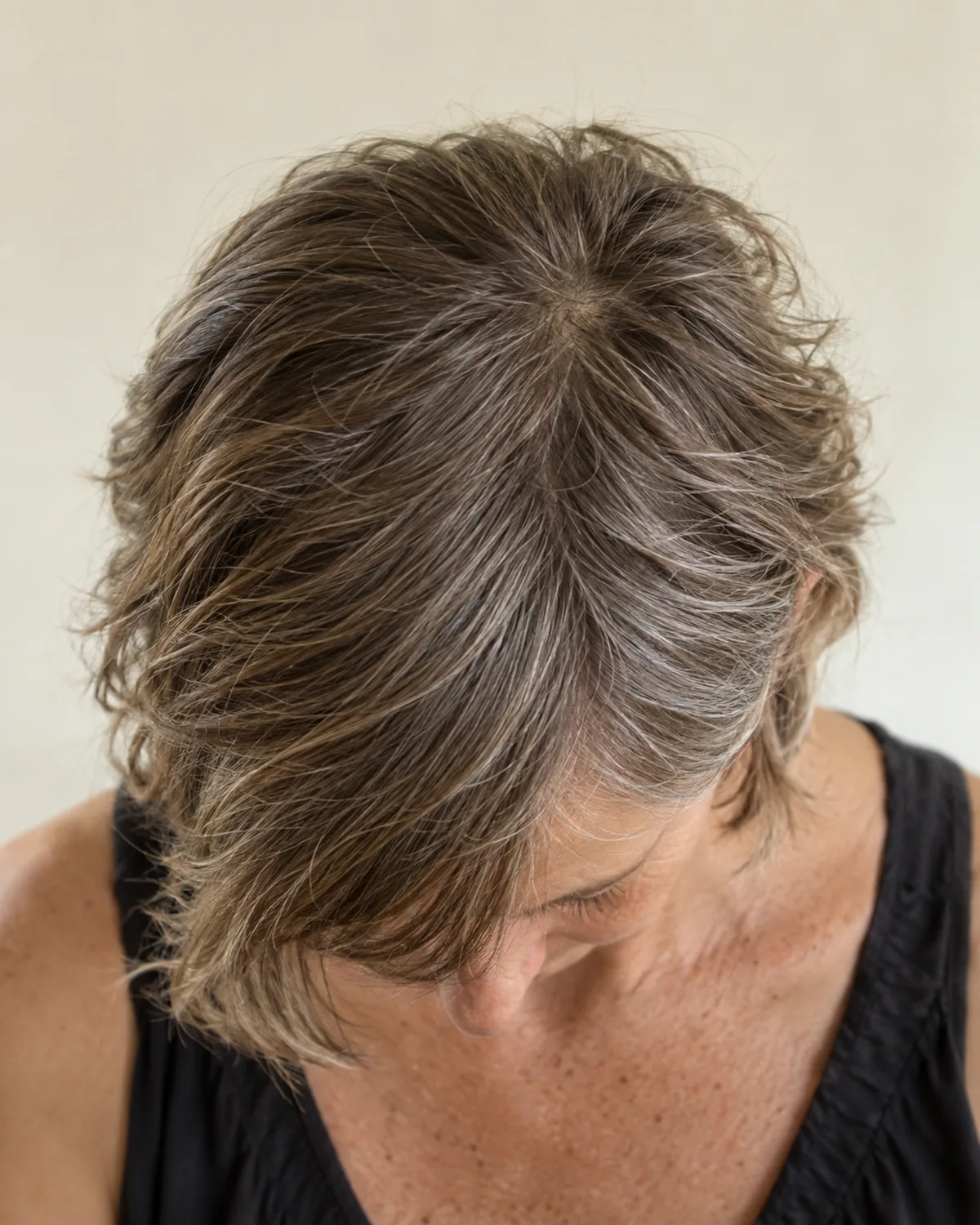 Close view from above of a mature woman with head tilted forward showing a growing-out pixie at the awkward in-between stage, uneven layers visible with longer top and shorter nape