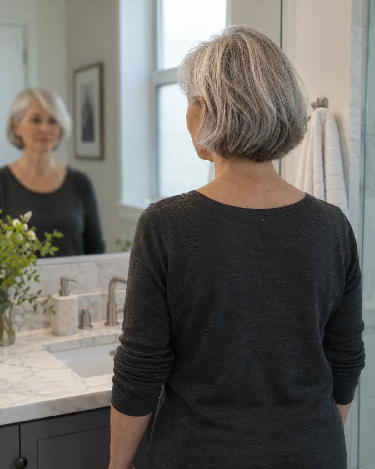 Back view of a mature woman with a silver chin-length bob standing at a bathroom mirror, nape area hair density visible through the back of the cut
