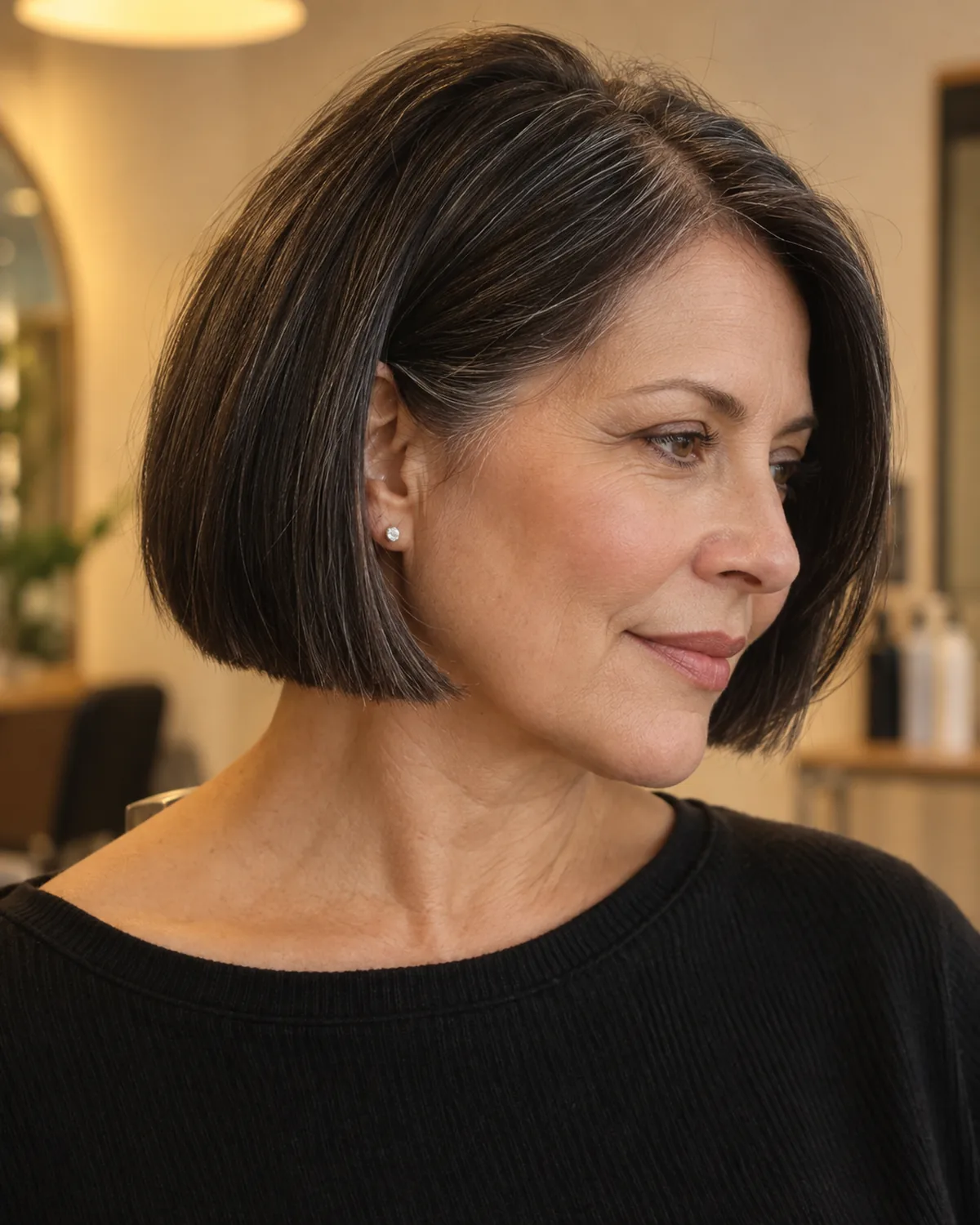 Mature woman with a blunt chin-length dark bob in three-quarter profile showing the clean weight line sitting precisely at the jawline