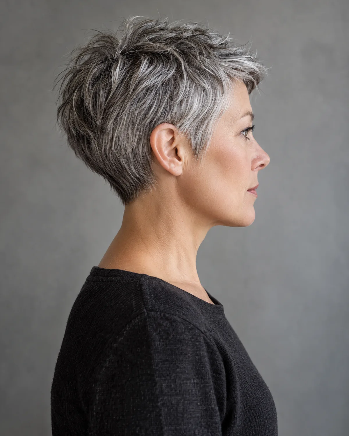 Mature woman with a textured silver pixie cut shown in full side profile, ear fully exposed, short layered length line visible above the ear