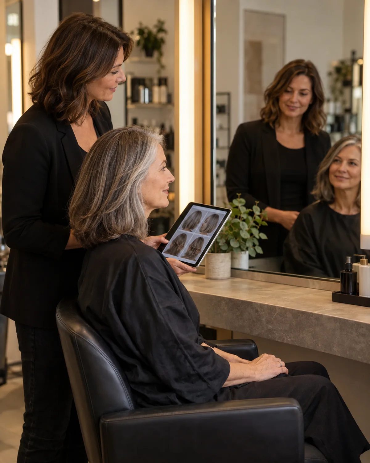 Salon consultation scene from the side: mature woman seated in a salon chair looking at reference photos on a tablet held by a standing stylist, neither person's hands in hair