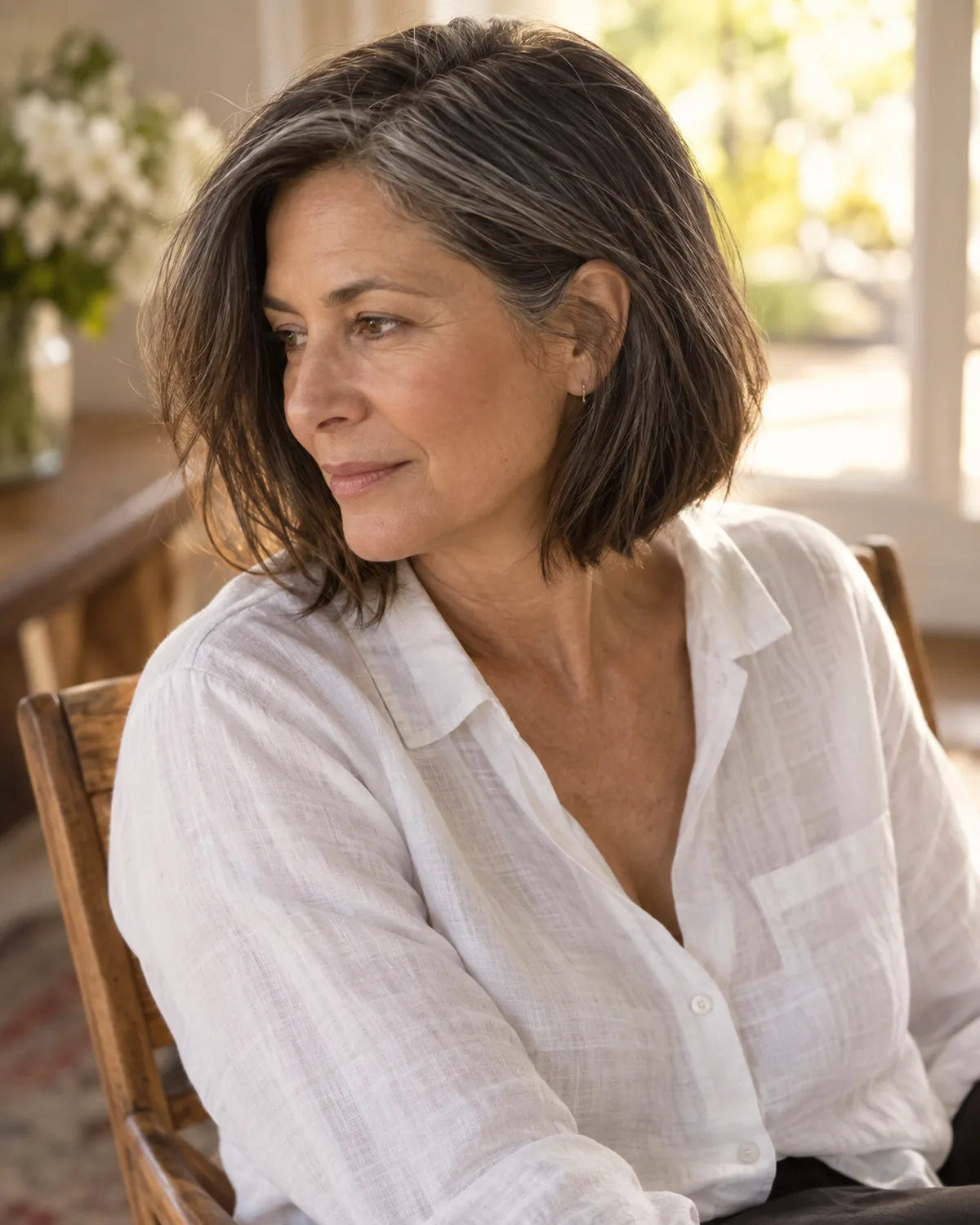 Mature woman with a soft layered bob seated on a wooden chair in a white linen blouse, hair falling forward past the chin over one shoulder, warm backlight