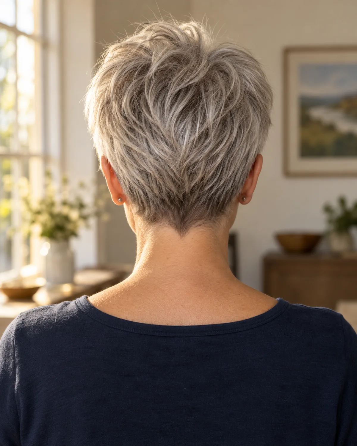 Back view of a mature woman with a cropped silver pixie showing a clean tapered nape line and fully exposed neck, wearing a navy crew-neck top