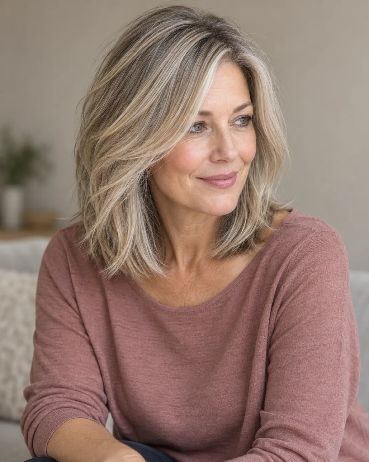 Three-quarter view of mature woman with champagne-ash layered lob past the collarbone, face-framing layers, dusty rose top