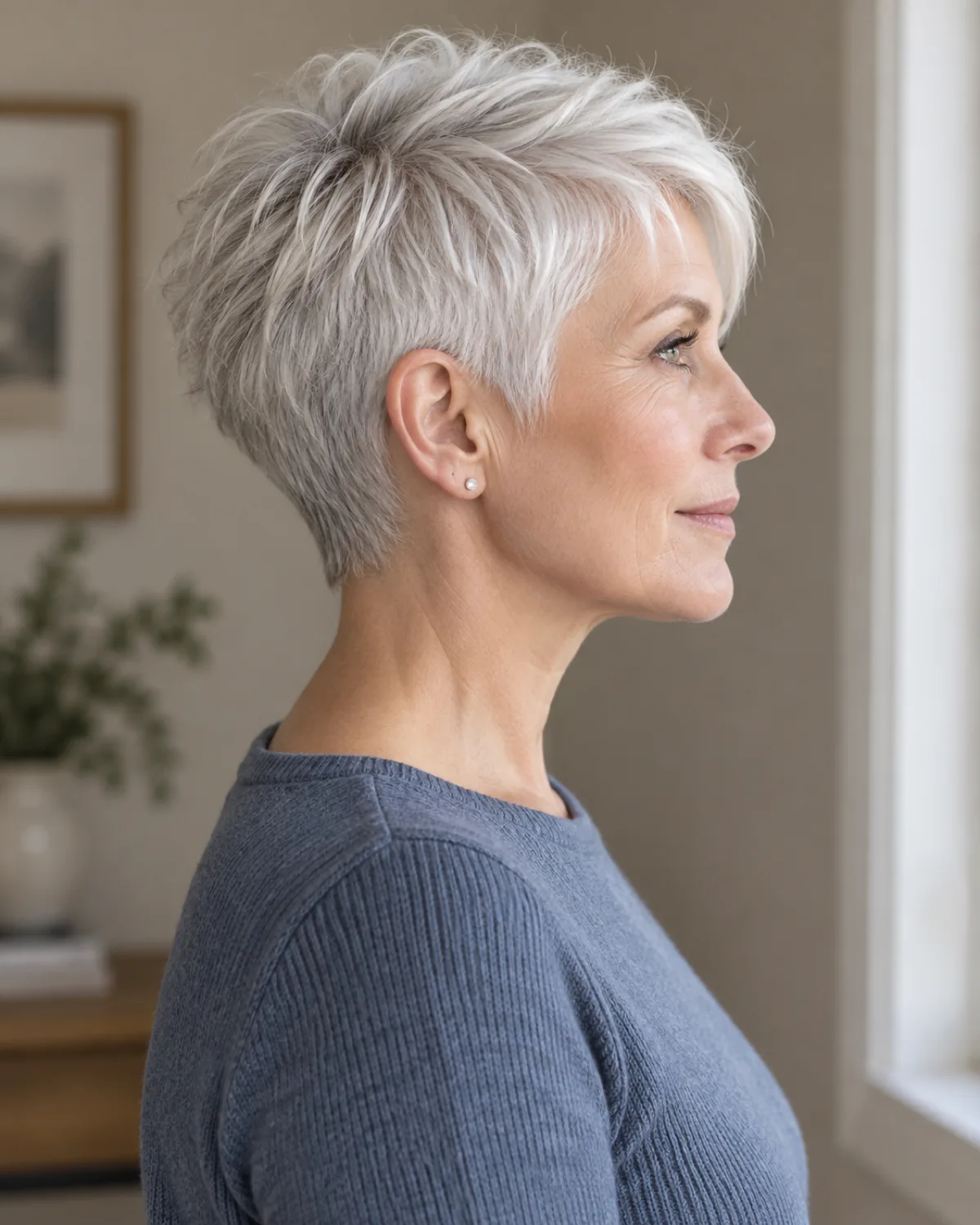 Profile view of mature woman with icy platinum pixie cut, cropped sides and crown volume, slate-blue top