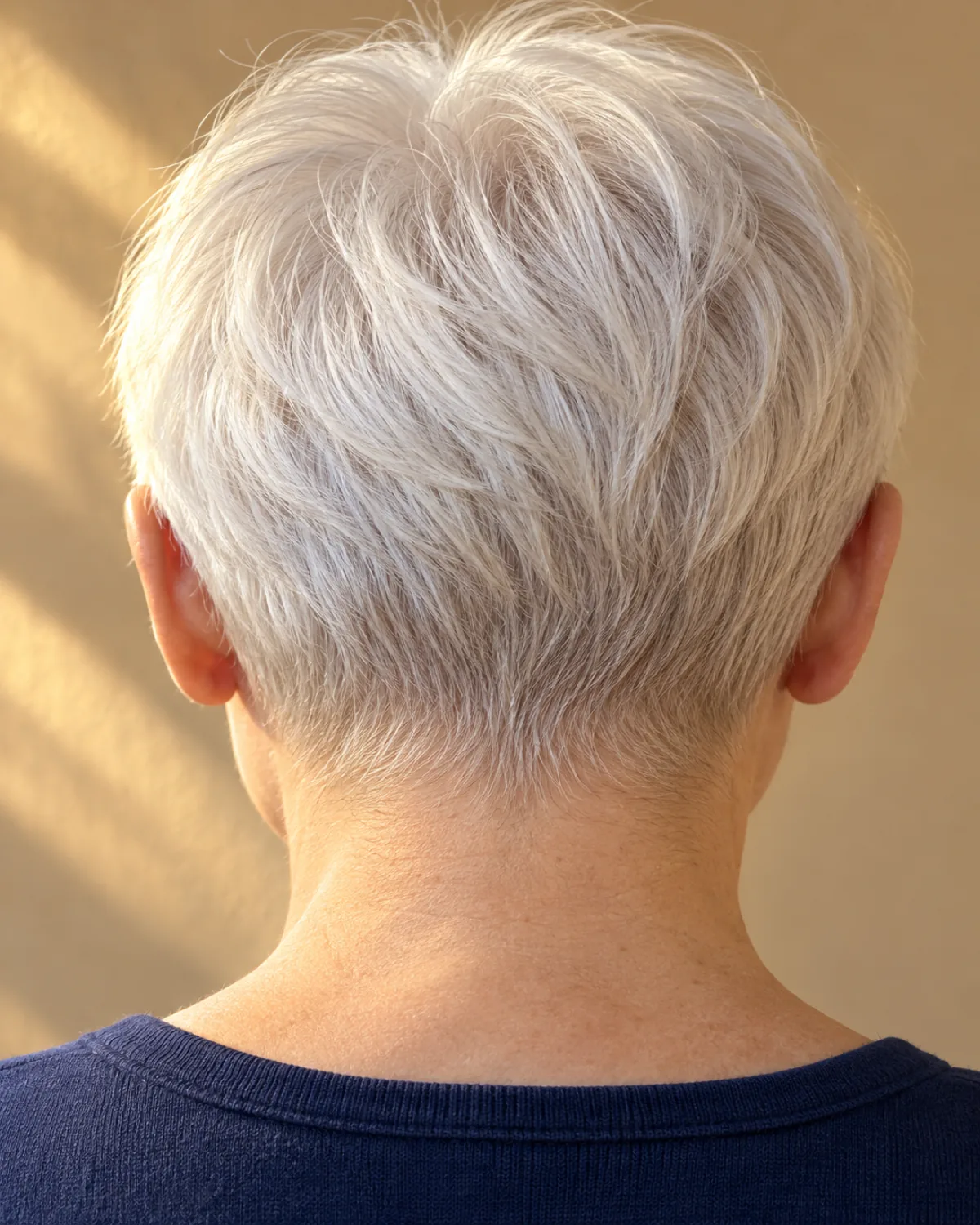Close crop of nape and hairline showing fine pearl-white hair tapering cleanly, navy top