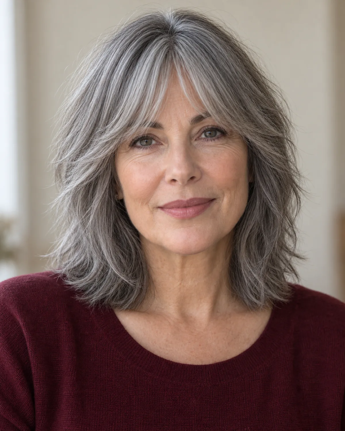 Front-facing mature woman with pewter-toned silver-gray shag and curtain bangs, burgundy top, soft focus on features, hair in sharp focus