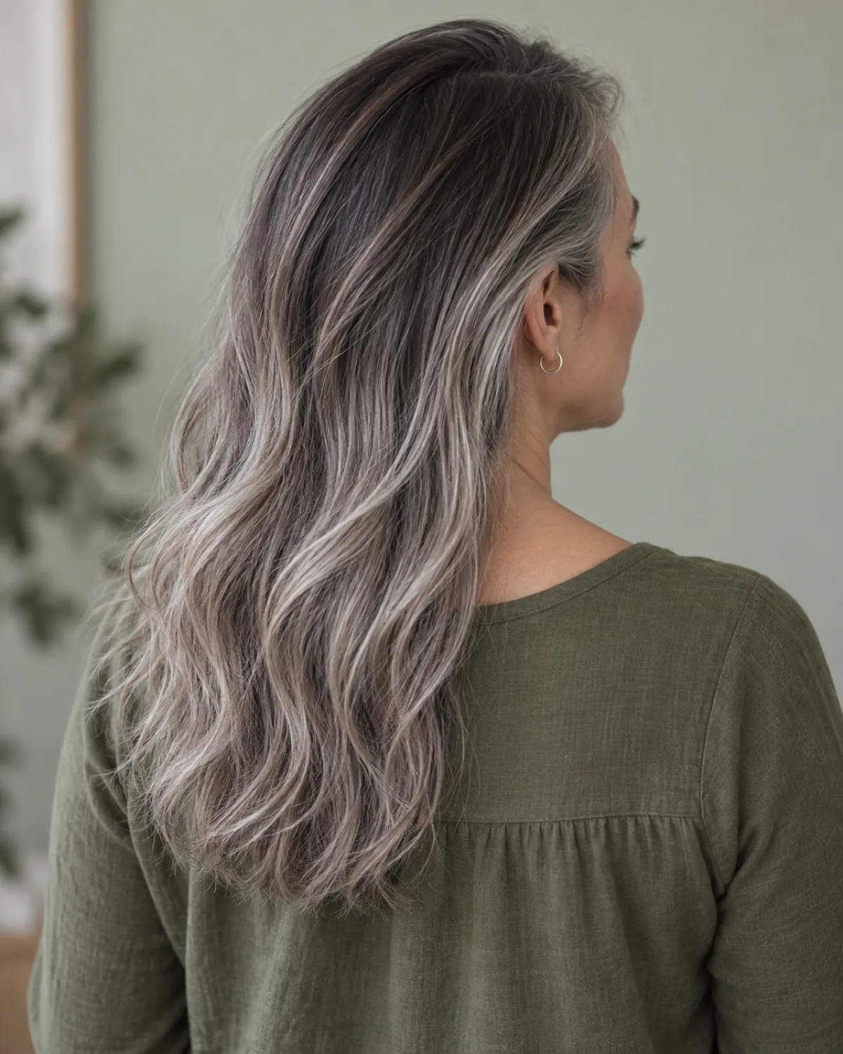 Back-three-quarter view of mature woman with silver balayage on dark grown-out base, dark roots transitioning to silver ends, olive top