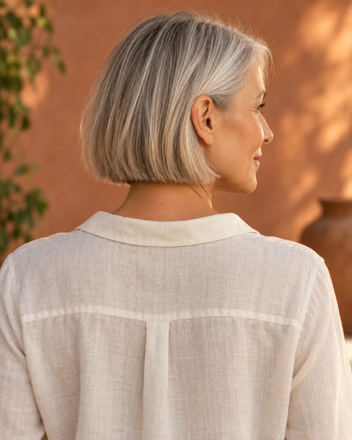 Back view of mature woman with warm silver bob at jawline, cream blouse, terra-cotta wall