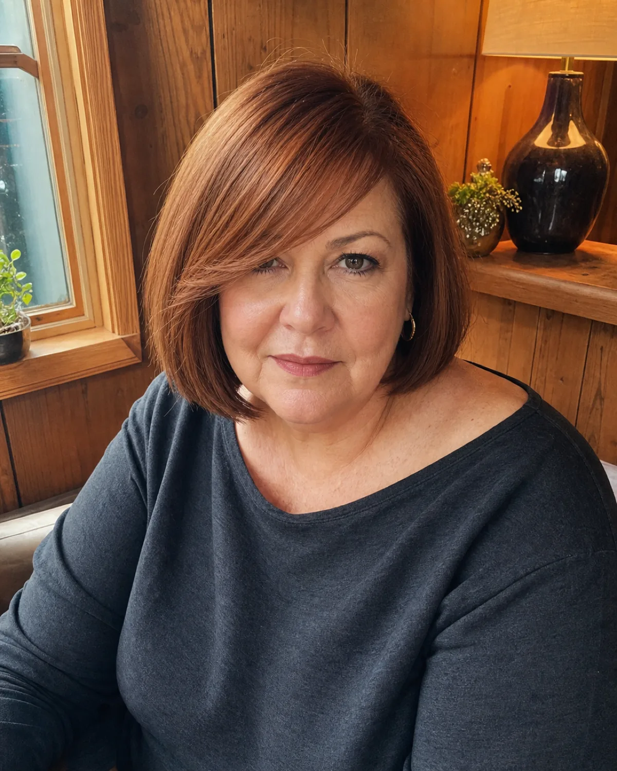 A woman over 50 with a fuller build and a round face, seated and shot from above, warm auburn chin-length bob with a sweeping side fringe from a deep side part, charcoal boat-neck top, wood-panelled background