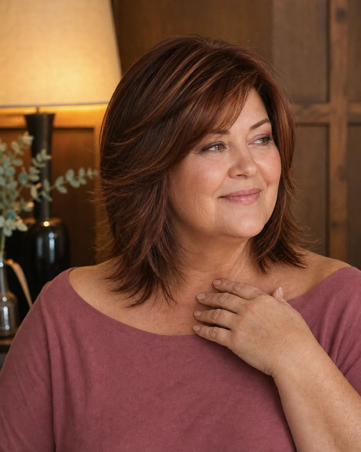 A woman over 50 with a fuller build seated in three-quarter turn to the right, one hand near her collarbone, warm brunette medium-length hair with feathered layers that taper gradually around the jaw and shoulders, soft rose boat-neck top, wood-panelled background