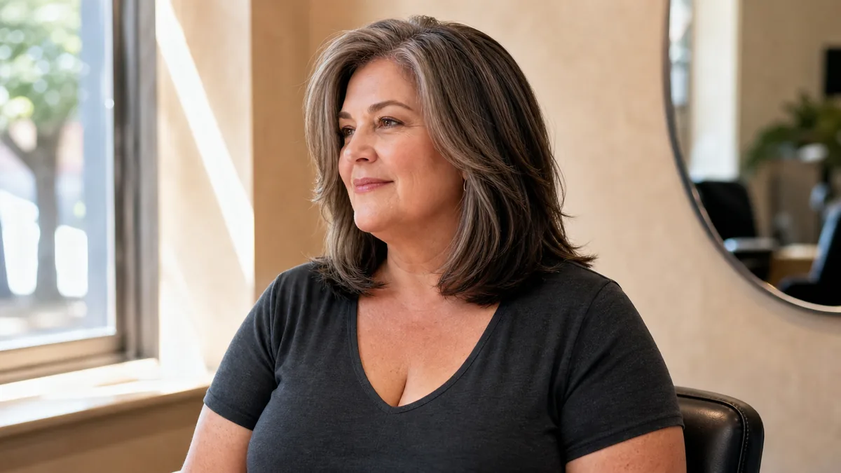 A woman over 50 with a fuller build and collarbone-length layered brunette hair with silver threads, three-quarter turn to the left in a salon chair, soft window light against a cream wall